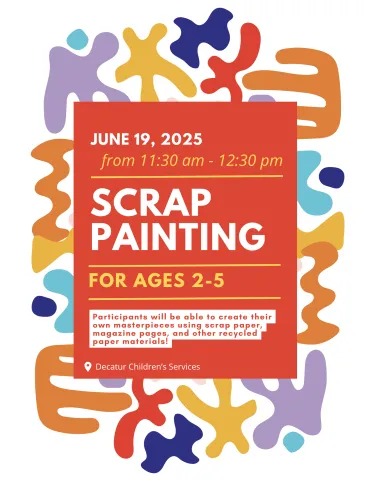 Scrap Painting Flyer. A white background with colorful shapes, along with a description of the program
