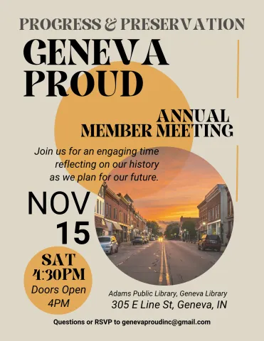 Downtown Geneva at sunset. Meeting November 15 at 4:30pm.