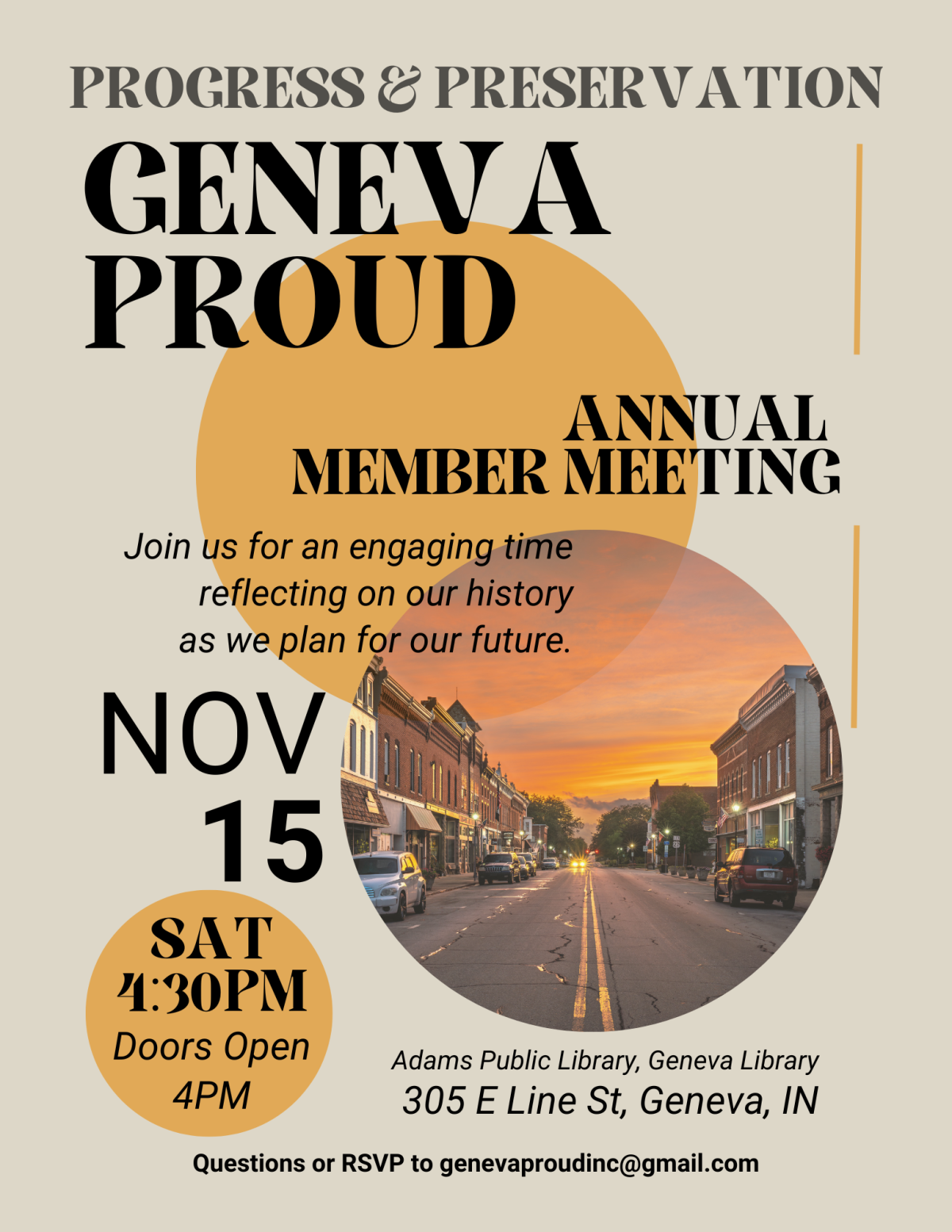 Downtown Geneva at sunset. Meeting November 15 at 4:30pm.